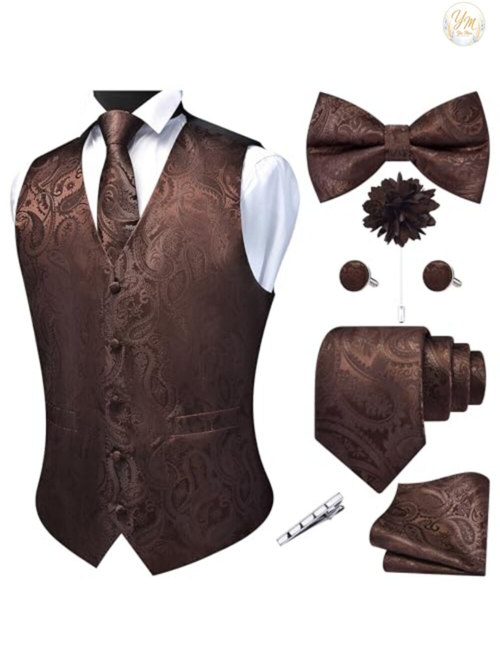 Men's V-Neck Suit Vest Paisley Jacquard Waistcoat 7-Piece Set Formal Wedding